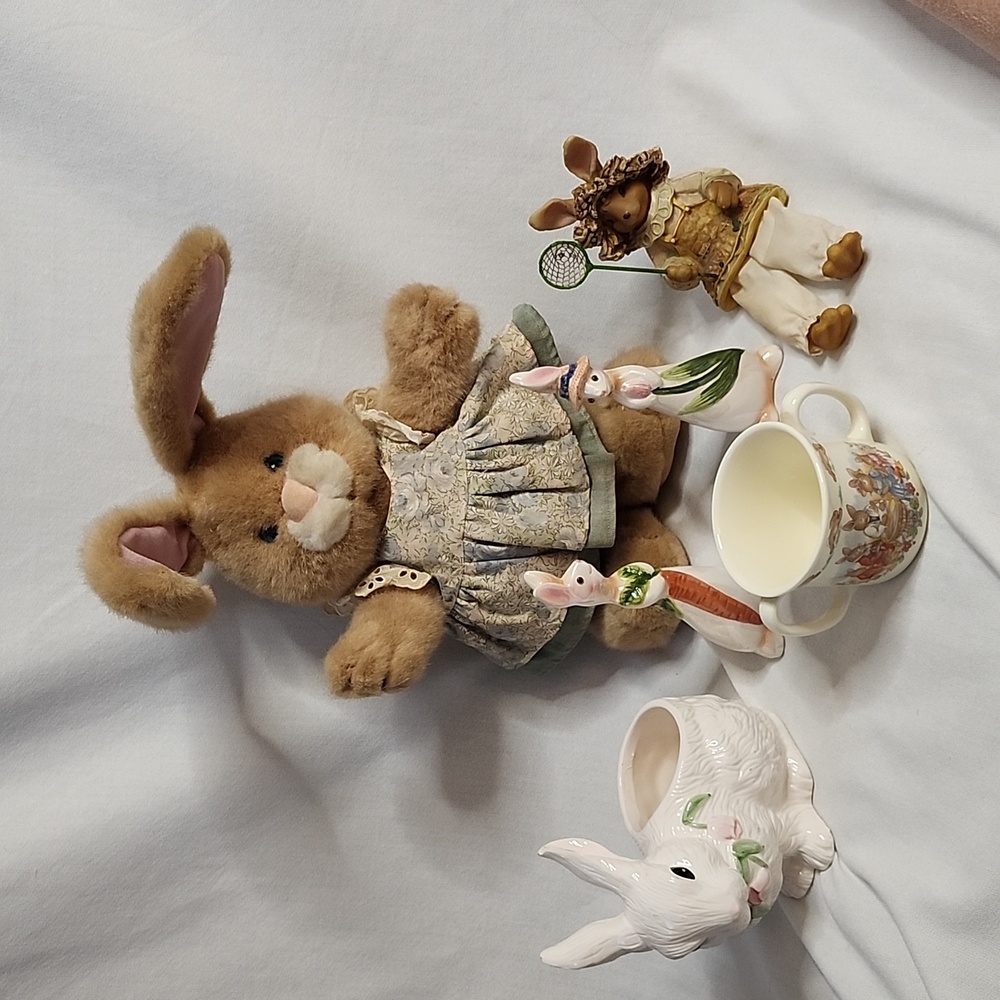 Bunny figurines, Bunnykins cup and Bunny Stuffed Animal Set